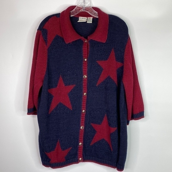 C.J. Banks Hand Embroidered Blue Red Star Button 1/2 Sleeve Sweater 2X - Picture 1 of 9